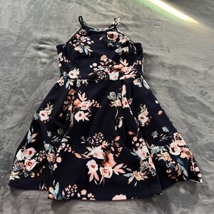 Soprano Women's Black Floral Print Halter Neck Fit Flare Sleeveless Dress Size L